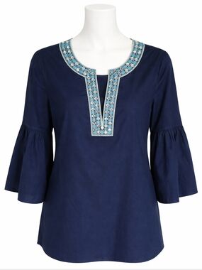Tory Burch Navy Blue Embellished Ariana Tunic Blouse Sz 10 Bell Sleeves Boho